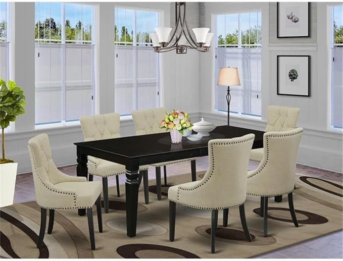 East West Furniture LGFR7-BLK-02 7 Piece Dining Set Consist of a Rectangle Dining Room Table with Butterfly Leaf and 6 Light Beige Linen Fabric Upholstered Chairs, 42x84 Inch, Black