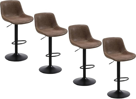 Bar Stools, Swivel Counter Height Barstools with Back, Adjustable Modern Bar Chairs, Tall Armless PU Leather Kitchen Island Stool (Brown, Set of 4)