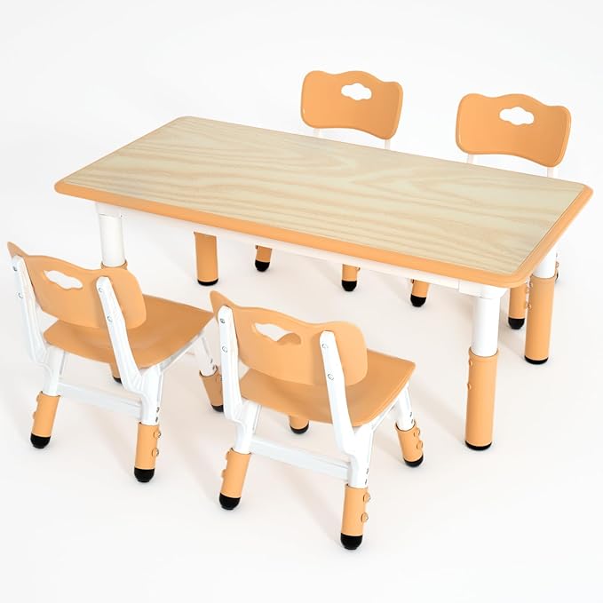 Kids Table and 4 Chairs Set，Height Adjustable Children Table & Chair，Toddlers Study Multi-Activity Table with 47.2"x23.6" Wipe-Clean Desktop，for Classrooms, Homes & Daycares