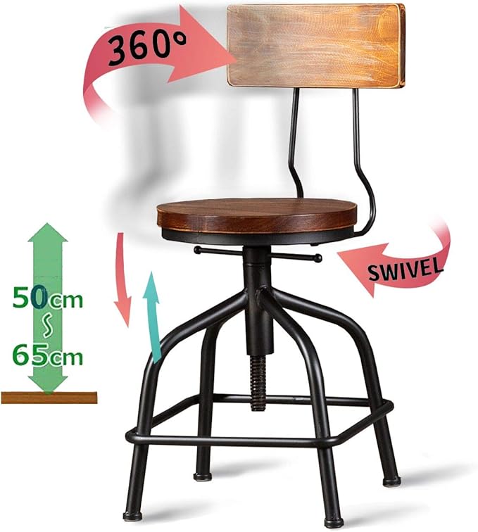 Topower Farmhouse Kitchen Stool, Industrial Counter Stool, Kitchen Deco Round Seat Standard Height Adjustable Swivel Bar Stools with Backrest Indoor House Design Wood Backrest Black Set of 2