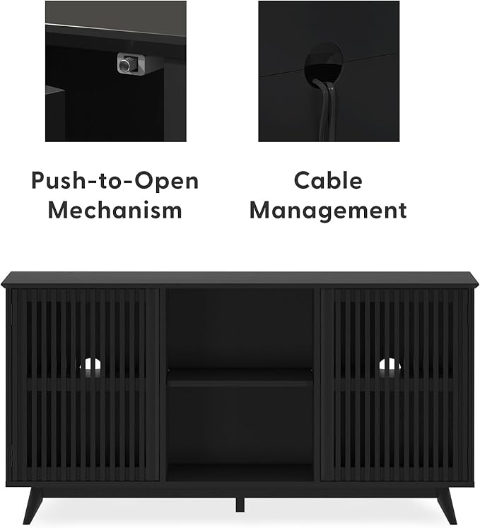 Plank+Beam Mid-Century Modern Wood TV Stand, Solid Wood Entertainment Console with Storage, 59" L x 16" W x 30" H, Black