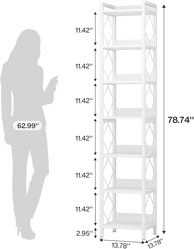 Tribesigns 78.7 Inch Extra Tall Narrow Bookshelf, 7 Tier Skinny Bookcase for Small Spaces, Freestanding Display Shelves, Multifunctional Corner Storage Organizer for Home Office, White