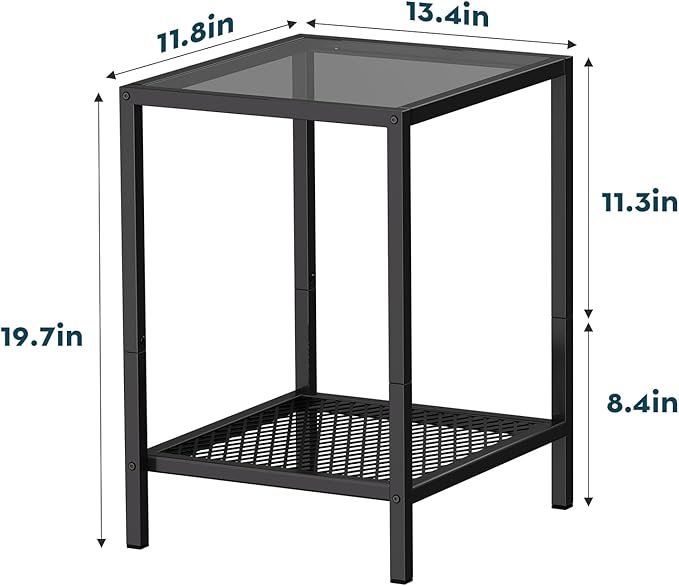 SAYGOER Small Side Table Glass End Table with Mesh Storage Shelf for Small Spaces Modern, 13.4" x11.8" x19.7", 2-Tier Square Bed Nightstand Couch Table for Living Room Bedroom, Gray