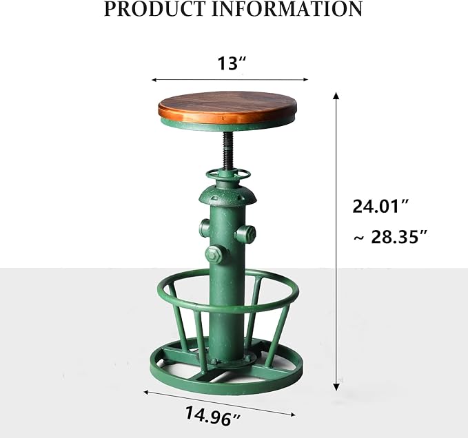 Topower Antique Industrial Round Bottom Adjustable Height Cafe Coffee Retro Vintage Stylish Water Pipe Design Pub Kitchen Bar Stool (Antique Green, Wooden Top)