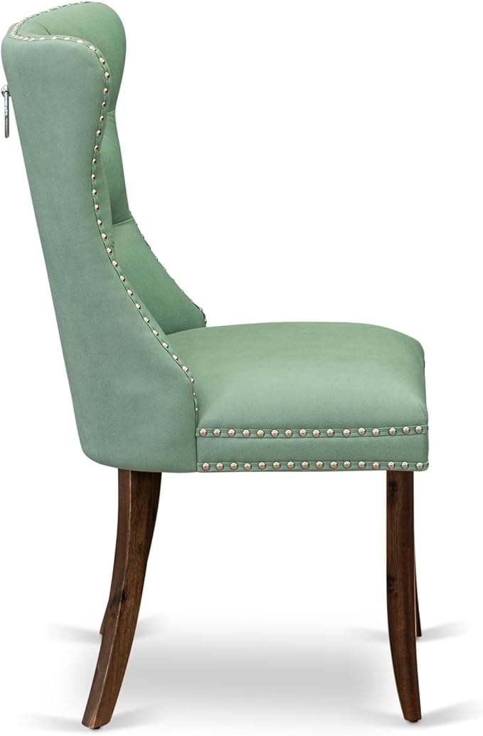 LEDA9-AWA-22 9-Piece Modern Dining Table Set Includes a Kitchen Table and 8 Willow Green Polyester Fabric Dinner Chairs with Button Tufted Back - Antique Walnut Finish