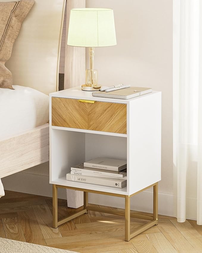 Nightstand, Boho Night Stand Wood Farmhouse Bedside Table with Storage, End Side Table for Bedroom,Living Room,White