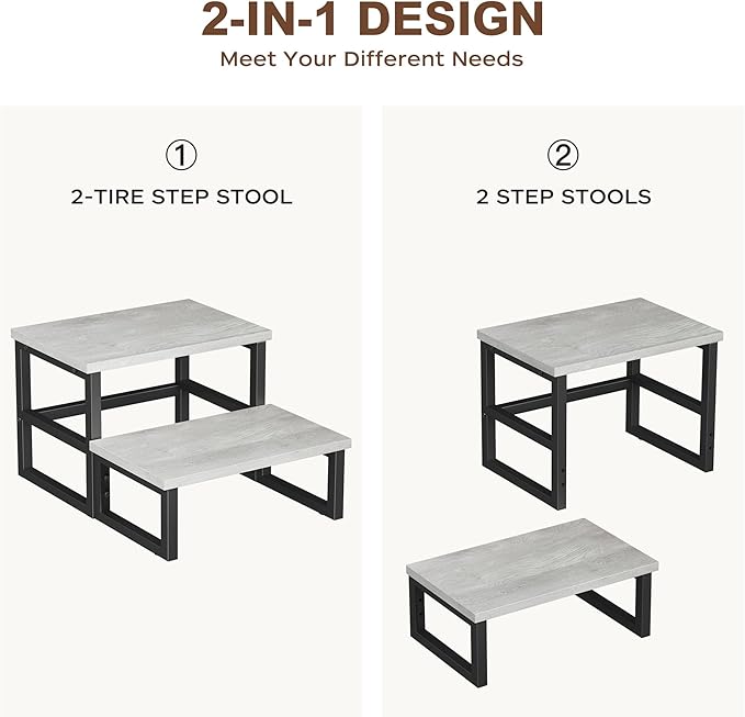 Homeiju 3 in 1 Step Stools for Adults Kids Toddler, Heavy Duty Wooden Step Stool with Non-Slip Pads, 2 Tire Step Stool for Kitchen Bathroom Bedroon Stepping Stool, Light Grey