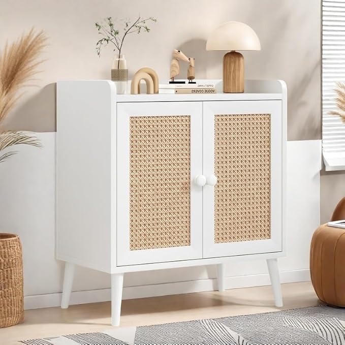 Buffet Cabinet, Rattan Storage Cabinet with Round Pull Rings, Sideboard with Ample Storage, Bar Liquor Shelf with 2 Doors for Living Room, Hallway, White