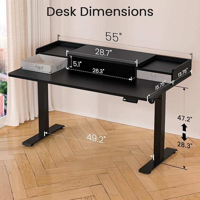 55x30 Inch Electric Standing Desk with Drawers & Widen Desktop, Thickened Desk Frame, Adjustable Height Sit Stand Up Table, Home Office Computer Desk with Cable Management, Classical Black