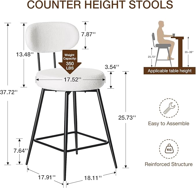 HOMMPA Counter Height Swivel Bar Stools Set of 2 Boucle Barstools 26'' Upholstered Modern Counter Barstools with Back Metal Legs Bar Stools Chairs for Kitchen Counter Island White