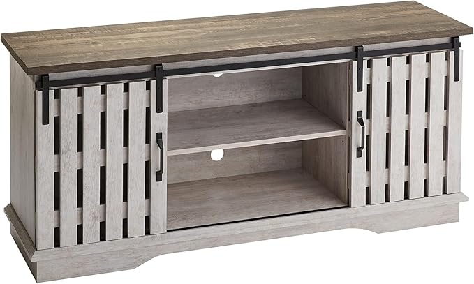 ROCKPOINT Modern Farmhouse Sliding Fence Door Stand for TVs up to 65 Inches, 58inch, White Wash