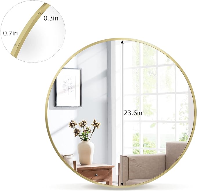Round Mirror 23.6" Gold Wall Mounted Circle Mirrors Vanity Mirror with Aluminum Alloy Frame Modern Decoration for Bathroom, Living Room, Vanity, Bedroom, Entryway