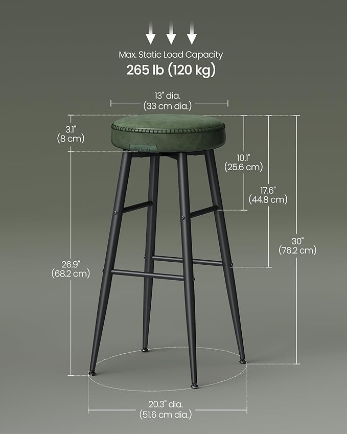 VASAGLE EKHO Collection - Bar Stools Set of 2, Bar Height Bar Stools, Kitchen Counter Stools, Mid-Century Modern Backless Counter Stools, 30-Inch Tall, Kitchen Island Home Bar, Forest Green