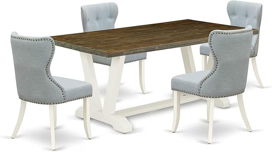 East West Furniture V077SI215-5 5 Piece Dining Set Includes a Rectangle Dining Room Table with V-Legs and 4 Baby Blue Linen Fabric Upholstered Parson Chairs, 40x72 Inch, Multi-Color