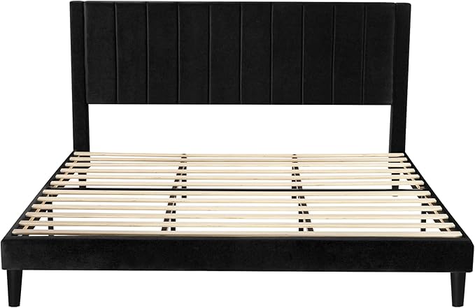 SHA CERLIN King Bed Frame/Velvet Upholstered Platform Bed Frame with Headboard/Strong Wood Slats Support/Mattress Foundation/No Box Spring Needed - Black
