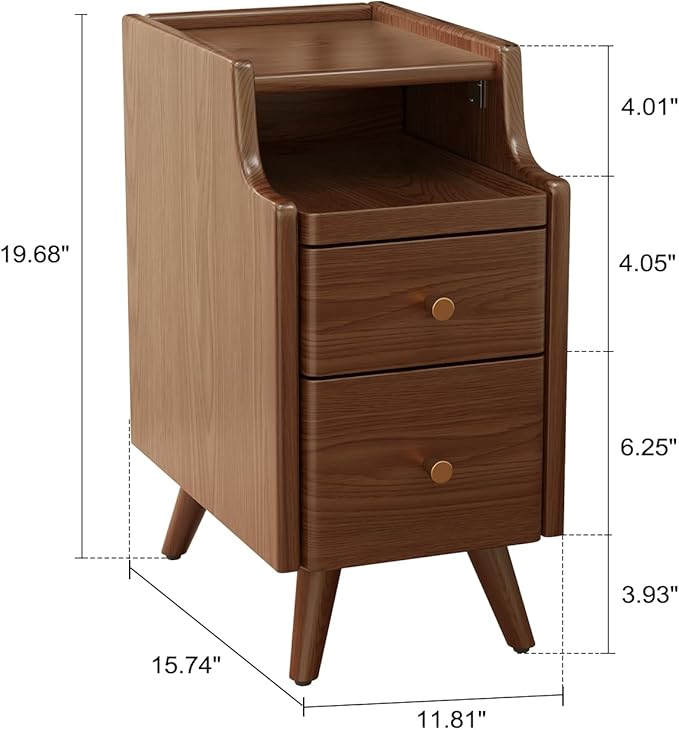 Small Nightstand with Drawers, Solid Wood Bedside Table, Narrow Walnut Nightstand for Bedroom