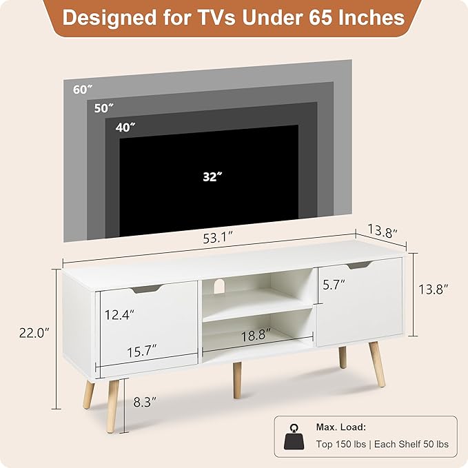 ALINE FURNITURE White TV Stand for 50 55 60 inch TVs - Media Console with 2 Cabinets & Open Shelves, Solid Wood Legs - TV Consoles for Living Room - 22" H Entertainment Center for Bedroom
