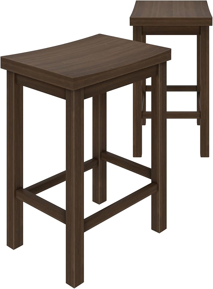 Grain & Grove Smith Collection Set of 2 Solid Wood Counter Height Bar Stools, 24-Inch Saddle Seat Backless Stools, Ideal for Kitchen Island, Dining, or Home Bar Seating, Walnut