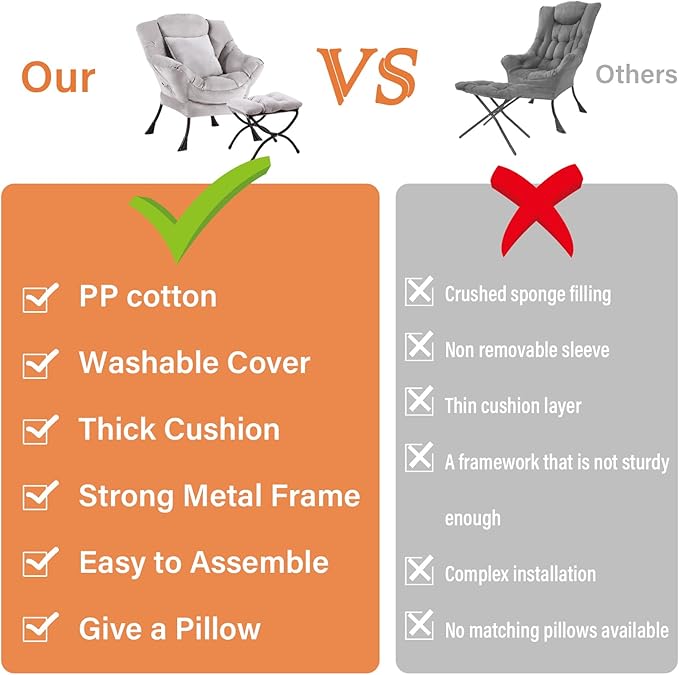 Large Lazy Chair with Ottoman, Accent Reading Chair with a Soft Grey Throw Pillow, Cozy Lounge Chair with Armrest, Leisure Sofa Chair for Living Room, Bedroom, Dorm, Velvet Soft Grey