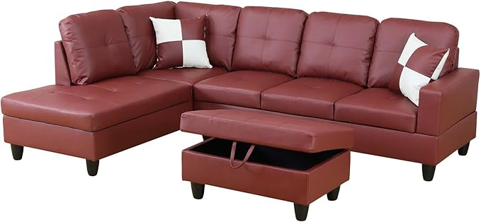 L Shaped Couch Faux Leather Sectional Couch Upholstered 3 Pieces Sofas for Living Room with Chaise, Storage Ottoman for Office and Small Apartment, Dark Red