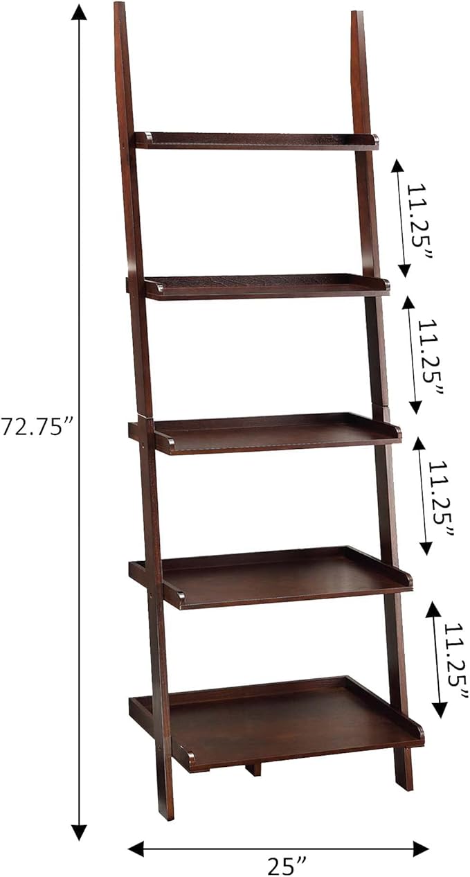 Convenience Concepts 5 shelves, American Heritage Bookshelf Ladder, Espresso, 72.75" x 25"