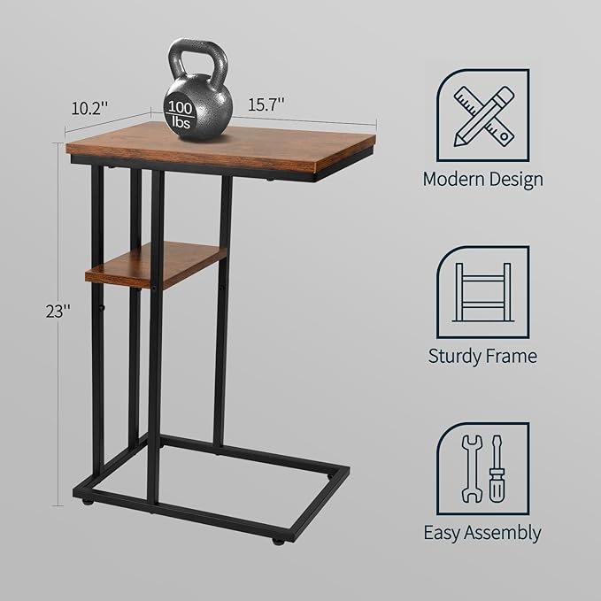 Yoobure C Shaped End Table, Side Table for Couch and Bed, Small Side Tables for Small Spaces, Living Room, Bedroom, Rustic Snack Tables