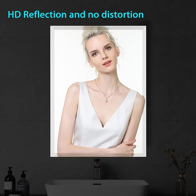 Frameless Beveled Edge Bathroom Mirror 24x32 Inch Rectangle Beveled Mirror Wall Mirror Explosion Proof and Shatterproof Bathroom Vanity Mirror Wall Mounted Hang Firmly (Horizontal or Vertical)