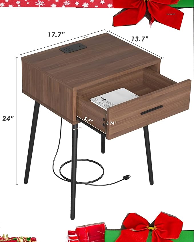 HAIOOU Mid Century End Table with Charging Station, Modern One Drawer Nightstand Side Table with Premium Matte Black Handle and Pine Wood Legs for Home Bedroom Living Room