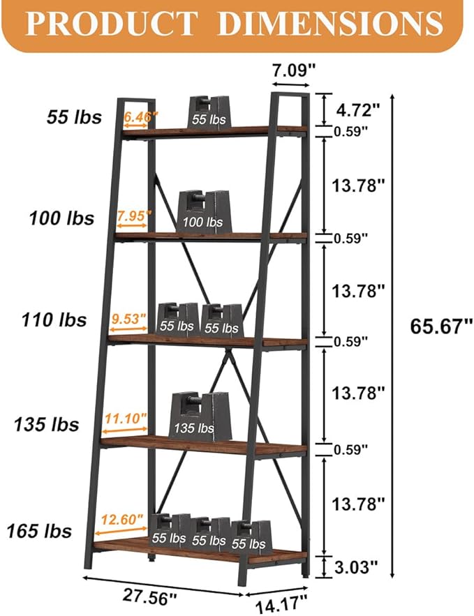 BON AUGURE Ladder Shelf Bookcase, 5-Tier Industrial Ladder Bookshelf, Tall Living Room Shelves, Wood and Metal Leaning Shelf for Home Office, Kitchen, Bedroom, Balcony (Rustic Oak)
