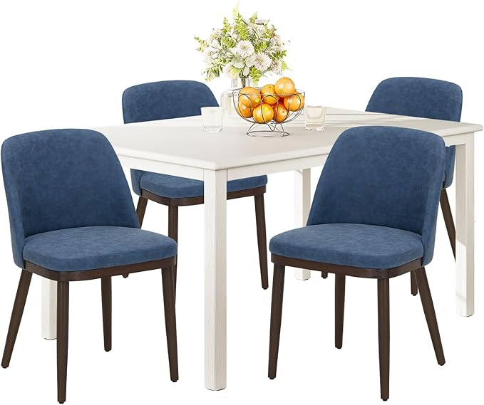 COLAMY 60 Inch Rectangular Kitchen Dining Table for 4, Modern Farmhouse Dining Table Set for 4, Wood Dining Table and Upholstered Dining Chairs for Kitchen, Dining Room, Restaurant, White/Blue