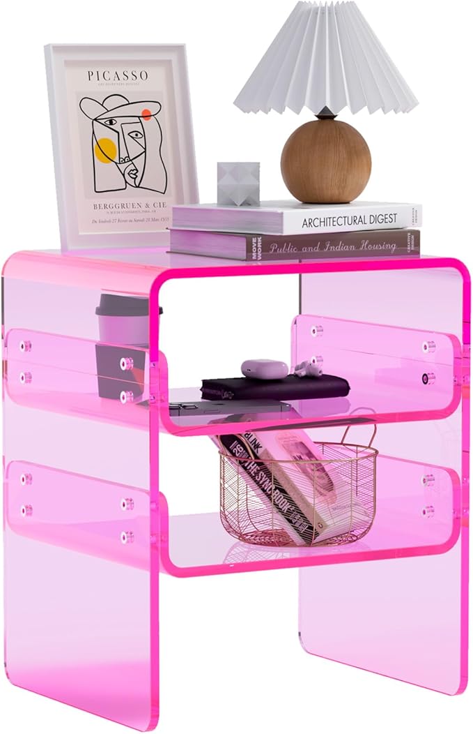 Clear Acrylic 3-Tier End Table/Nightstand – Sleek Bedside Storage with Durable Design, Perfect for Bedrooms, Living Rooms, or Modern Interiors – Ideal as a Bedside Table or Sofa Side Piece (Pink)