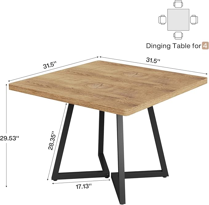 Tribesigns Square Dining Table for 2, 31.5" Modern Dinner Table with Metal Base, Kitchen Table for Dining Room, Small Space, Apartment,Natural & Black