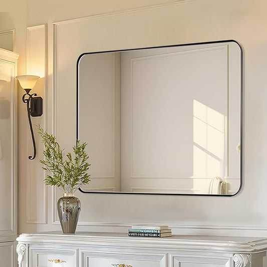 Black Mirrors for Bathroom, 30"x36" Rounded Corner Rectangle Mirror, Modern Metal Frame Bathroom Vanity Mirror for Home Decor Living Room Entryway (Horizontal/Vertical)
