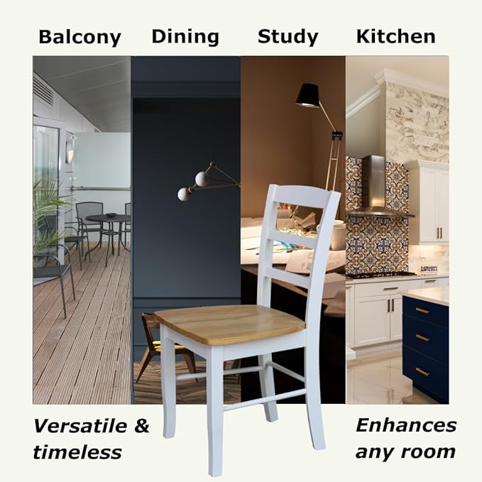 Madrid Ladderback, Set of 2 Dining Chairs , Solid Wood Kitchen/Dining Chairs, Parawood Construction, 18.1"W x 19.3"D x 35.2"H, 225 lb Weight Capacity, Elegant, Durable, White/Natural