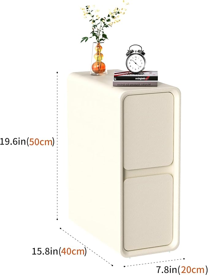 VICITON Modern Narrow Faux Leather Nightstand, Solid Wood Drawer, Storage Accent Table, Small Side End Table for Bedroom (Cream White, Narrow)