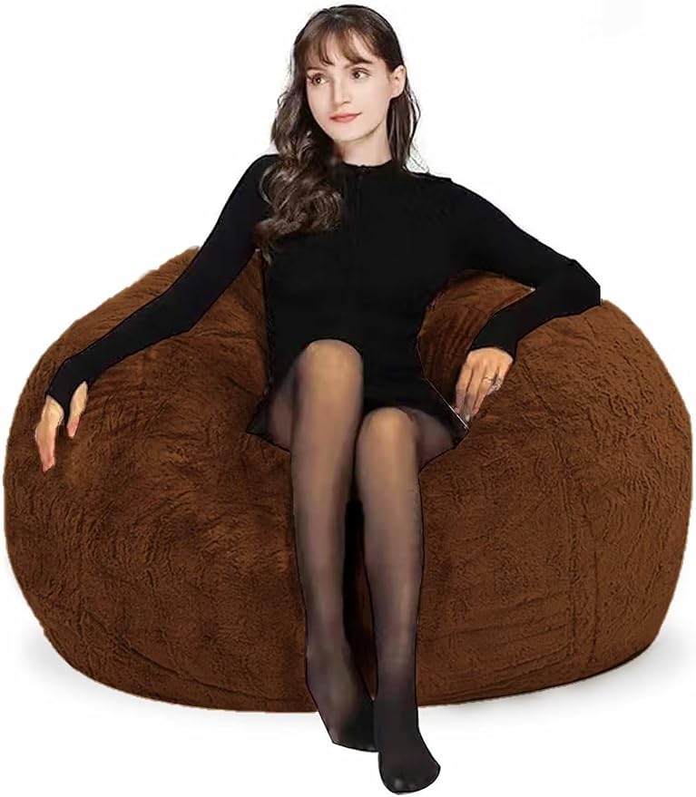 Bean Bag Chairs for Kids Comfy Fluffy Big Joe Bean Bag Chair Covers Only (No Filler) Round Sofa Chairs for Bedroom Living Room Decor, 5FT, Brown