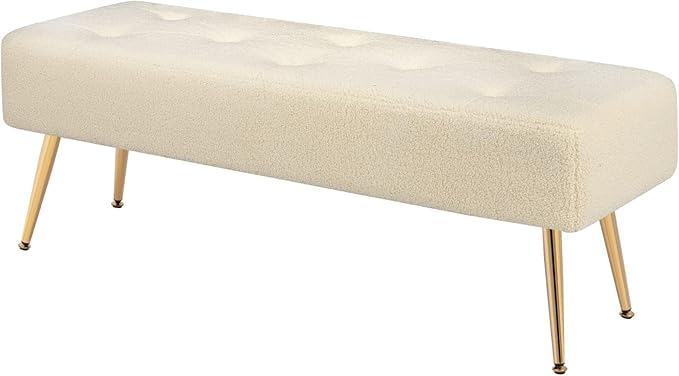 Furniliving 44 Inch Modern Ottoman Bench, Upholstered Faux Fur Fabric Entryway Benches with Gold Metal Frame for Living Room Vintage Indoor Benches End Bed Bench Footrest Ottoman (IvoryWhite)