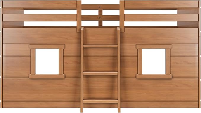 Max & Lily Modern Farmhouse Twin Low Loft Bed with Two Windows - Solid Wood, 15” Guardrails, 400-lb Capacity, Low-VOC Finish, Farmhouse Pecan