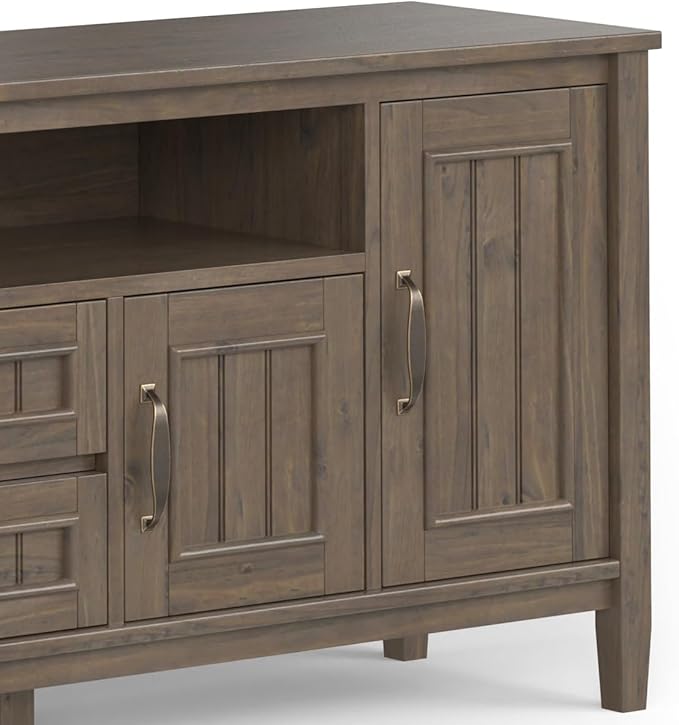 SIMPLIHOME Lev SOLID WOOD 72 Inch Wide Contemporary TV Media Stand in Smoky Brown for TVs up to 80 Inches, For the Living Room and Entertainment Center