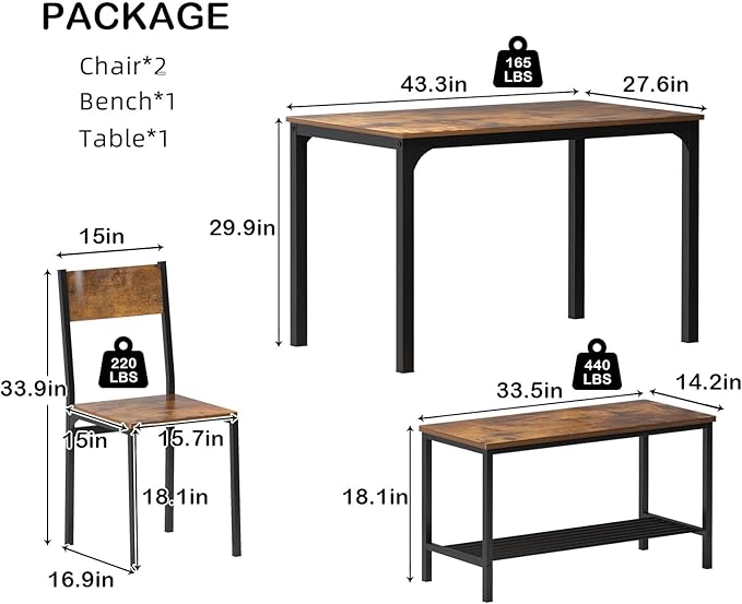 sogesfurniture 4-Piece Dining Table Set with 1 Bench and 2 Chairs, Kitchen Bench Table Set for 4, Wooden Kitchen Table and Chairs for Limited Space,Rustic Brown
