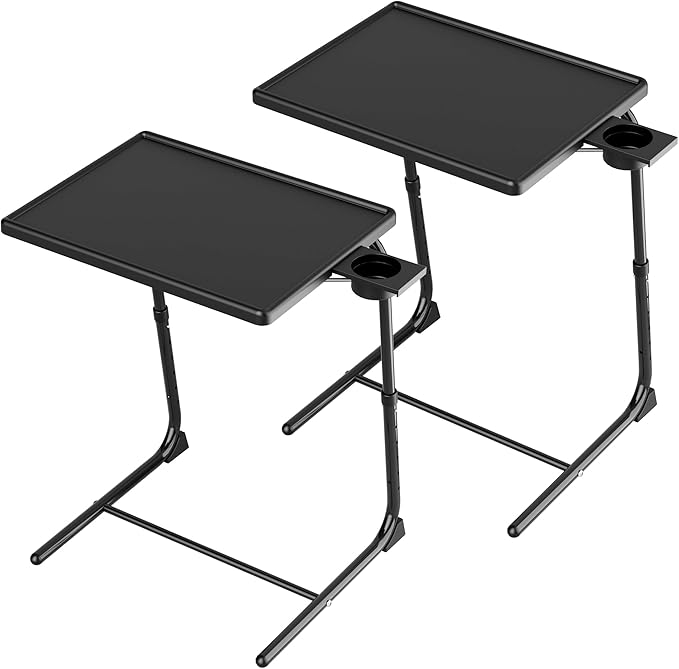 Allpop TV Tray Table, TV Dinner Tray for Eating Set of 2, Adjustable Folding Laptop Table with 6 Heights & 3 Tilt Angles, Cup Holder on Couch & Bed, Black