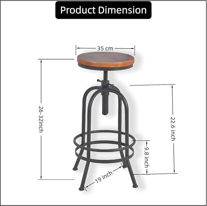 Set of 2-Industrial Bar Stool-Retro 26-32.3inch Swivel Stools-Extra Tall Kitchen Chair-Bar Counter Height Adjustable-Fully Welded (Black 2PCS)