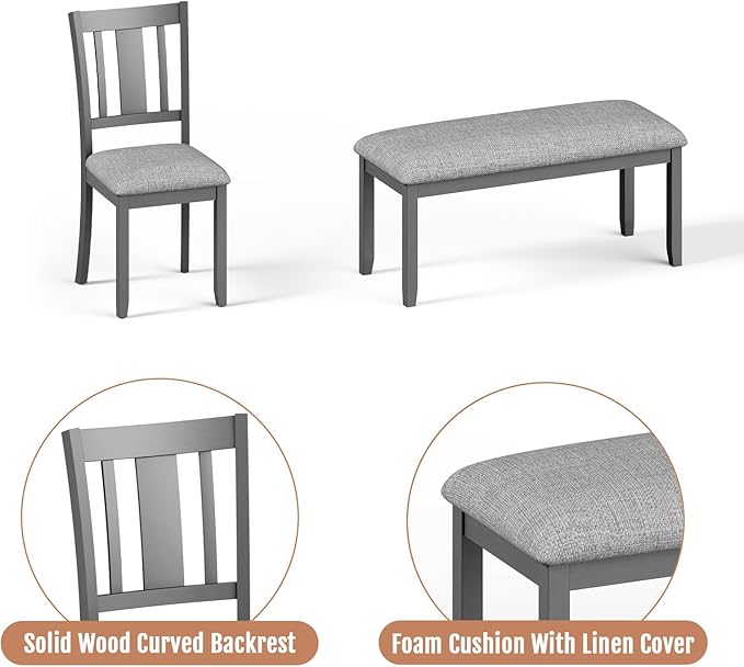 6-Piece Wooden Dining Table Set, Dining Table Set for 6, Including 1 Dining Table, 4 Upholstered Chairs and 1 Bench, Wooden Legs Dining Table, Table Set for Dining Room & Kitchen, Grey