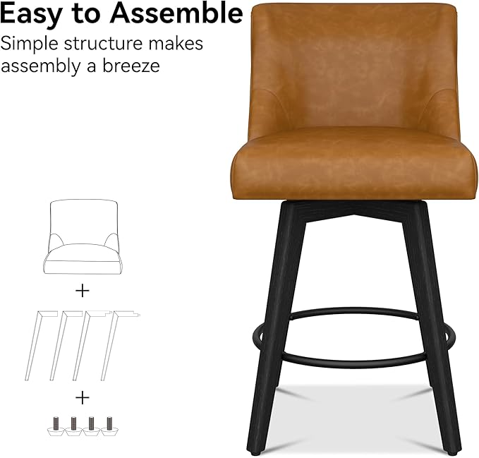 Counter Height Bar Stools Set of 2, Modern Swivel Barstools with Back and Wood Legs, Faux Leather Upholstered Counter Height Stools, 26" H Kitchen Island Stools, Home Bar, Whisky Brown