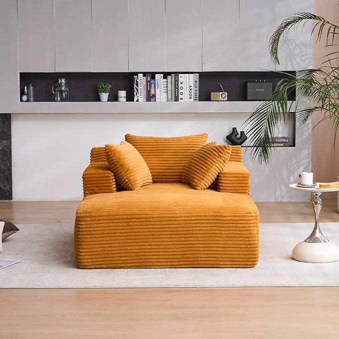 Oversized Chaise Daybed Lounge Sleeper Chair Sofa Bed Indoor, Fluffy Corduroy Upholstered Sleeper Recliner Sofabed Extra Wide Full Foam Cloud Sofabed W/3 Pillows for Home/Apartment Living Room Bedroom