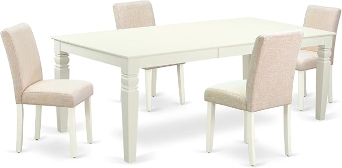 East West Furniture LGAB5-LWH-02 5 Piece Dining Set Includes a Rectangle Dining Room Table with Butterfly Leaf and 4 Light Beige Linen Fabric Upholstered Chairs, 42x84 Inch, Linen White