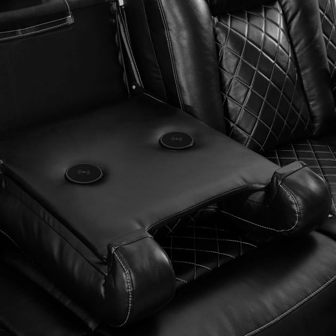 Electric Power Recliner Sofa Living Room Furniture, Comfy Home Theater Breathing Leather Seating with USB 2.0 Charging Ports, LED Light Strips, Fold-Down Table & Wireless Charging Device (Black)