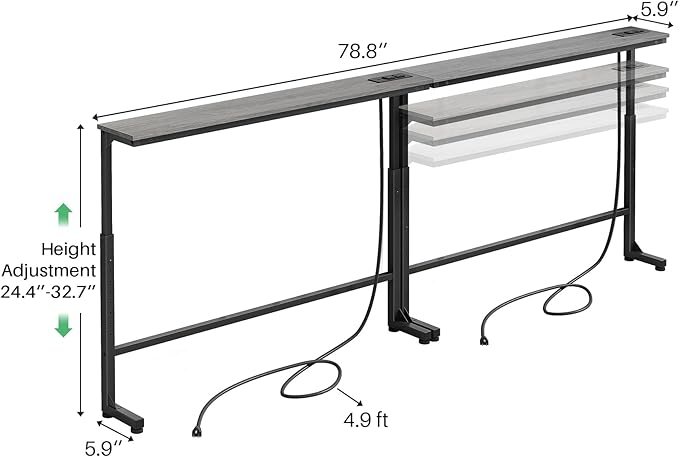 Kitstorack 2-Pack Dark Gray Long Sofa Table Behind Couch, Adjustable Height (25"-33") & 2 Power Outlets, Narrow Console Table, 5.9" D x 79" L, Thin, Split Design for Separate Use