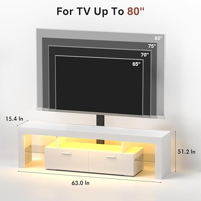 Redkey Modern TV Stand with Mount - TV Console with 2AC Outlets - Television Stands with RGB Led Light for 75 Inch TVs - Double Cabinet - 40°Adjustable Amplitude - White
