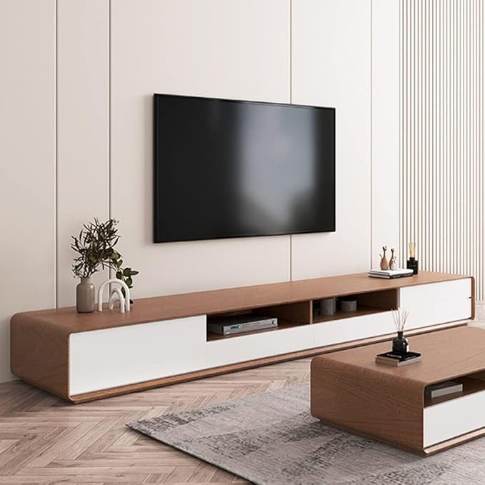 POVISON Modern Wood White TV Stand 78", Fully-Assembled Open Storage Cabinet, Lowline Media Console with 4 Drawers, Walnut Veneer (TV Stand Only)